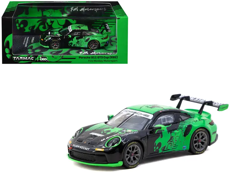 Porsche 911 Gt3 Cup (992) "Fire Monkey Motorsport" Black And Green With Graphics "Hobby64" Series 1/64 Diecast Model Car By Tarmac Works 1