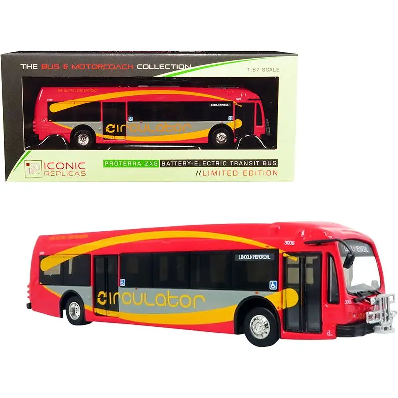 Proterra Zx5 Battery-Electric Transit Bus Dc Circulator "Lincoln Memorial" (Washington D.C.) Red And Gray With Yellow Stripes "The Bus & Motorcoach Collection" 1/87 (Ho) Diecast Model By Iconic Replicas 1