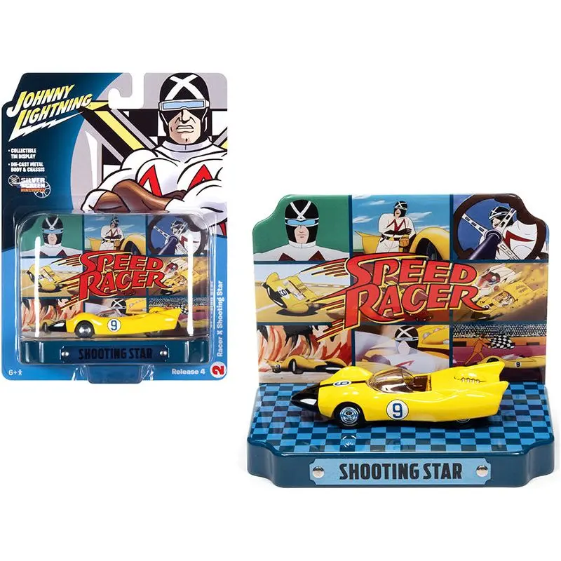 Racer X Shooting Star #9 Yellow With Collectible Tin Display "Speed Racer" 1/64 Diecast Model Car By Johnny Lightning 1