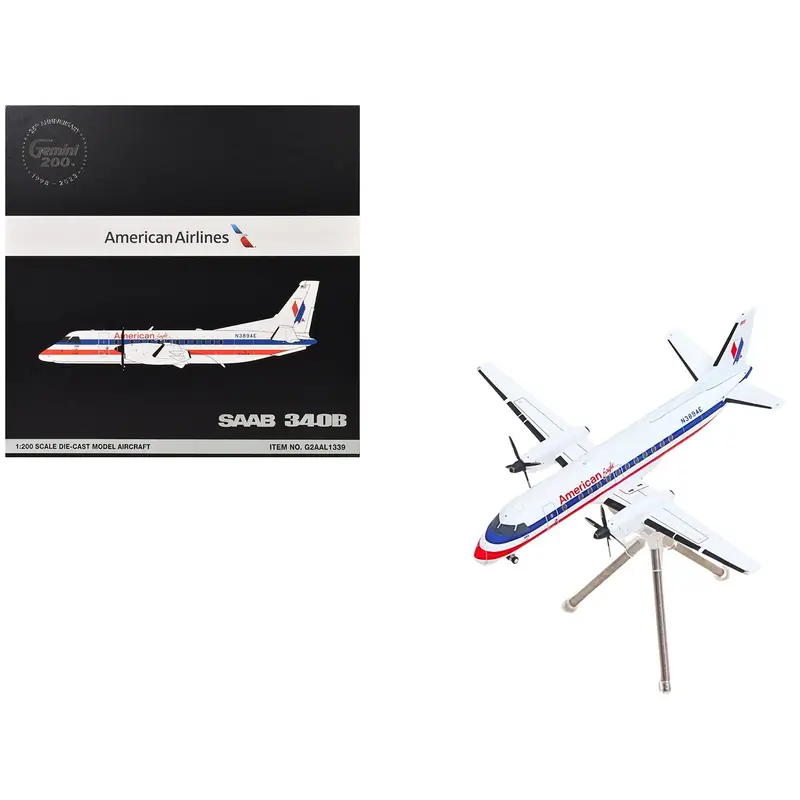 Saab 340B Commercial Aircraft "American Eagle" (N389ae) White With Red And Blue Stripes "Gemini 200" Series 1/200 Diecast Model Airplane By Geminijets 1