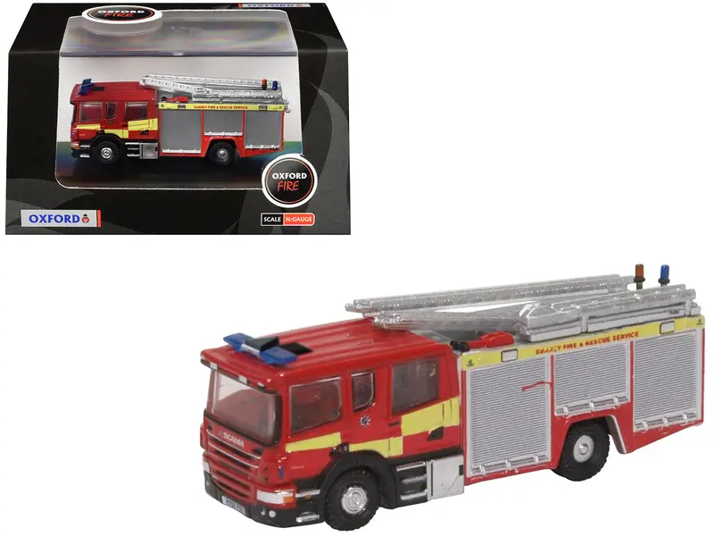 Scania Pump Ladder Fire Engine "Surrey Fire And Rescue" Red With Yellow Stripes 1/148 (N) Scale Diecast Model Car By Oxford Diecast 1