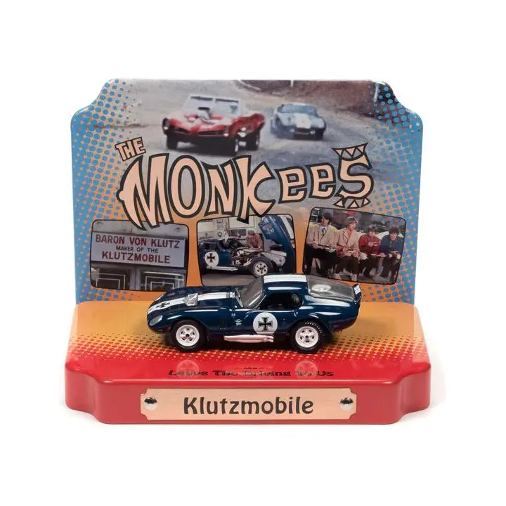 Shelby Cobra Daytona "Klutzmobile" Blue Metallic With White Stripes "The Monkees" With Collectible Tin Display "Silver Screen Machines" Series 1/64 Diecast Model Car By Johnny Lightning 1
