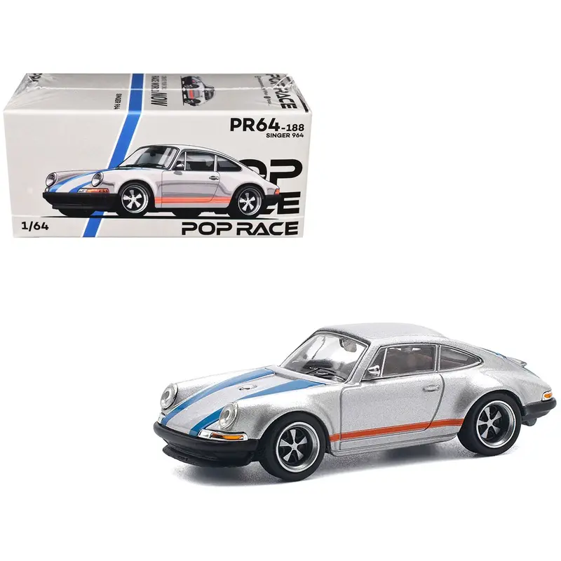 Singer 964 Silver Metallic With Blue And Red Stripes 1/64 Diecast Model Car By Pop Race 1
