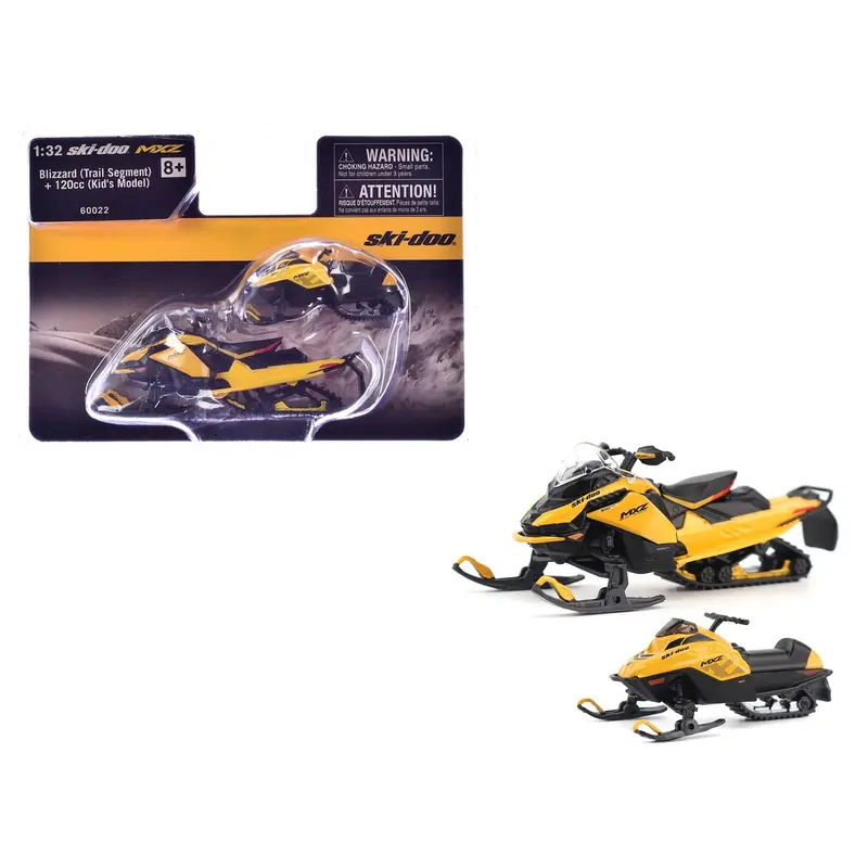 Ski-Doo Mxz Blizzard (Trail Segment) Neo Yellow And Ski-Doo Mxz 120Cc (Kid's Model) Neo Yellow Set Of 2 Snowmobiles 1/32 Diecast Models By Brp Models 1