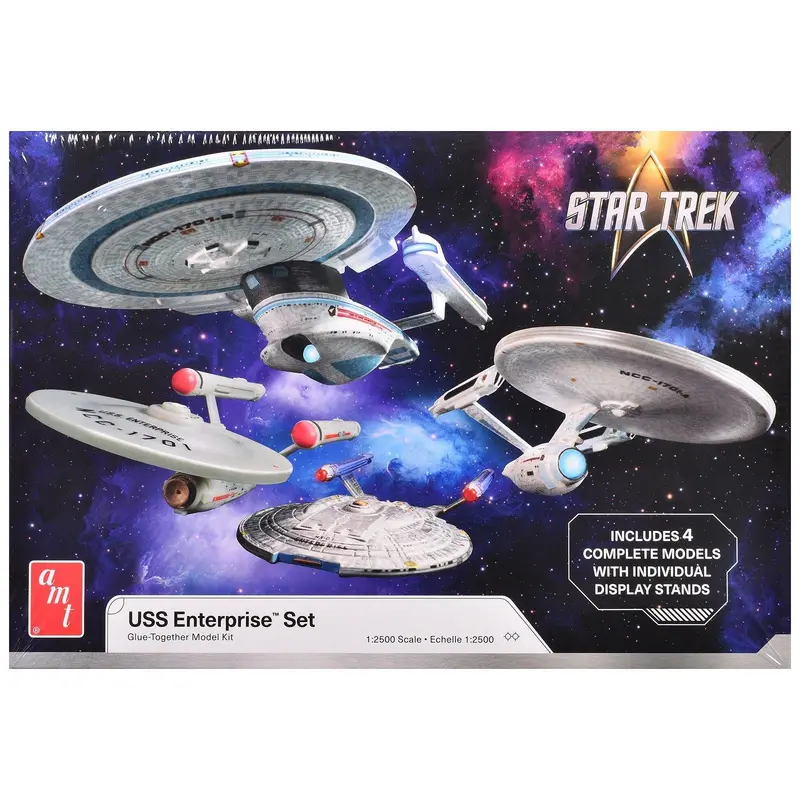 Skill 2 Model Kit U.S.S. Enterprise Four Ship Set "Star Trek" 1/2500 Scale Model By Amt 1