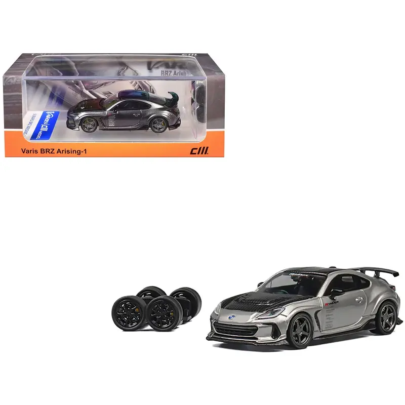 Subaru Brz Varis Arising-1 Rhd (Right Hand Drive) Gray Metallic With Carbon Hood And Top And Extra Wheels 1/64 Diecast Model Car By Cm Model 1
