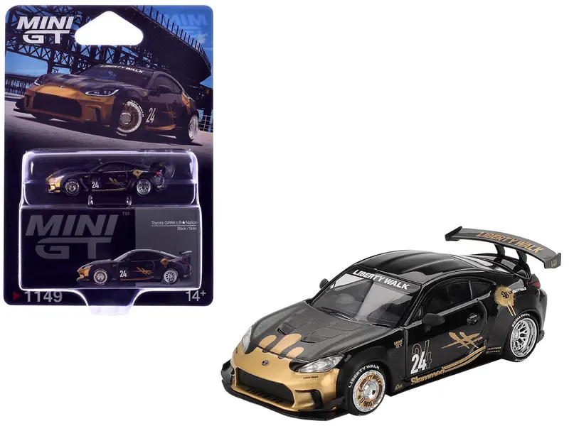 Toyota Gr86 "Lb-Nation - Liberty Walk" #24 Black With Carbon Hood And Gold Graphics Limited Edition 1/64 Diecast Model Car By Mini Gt 1