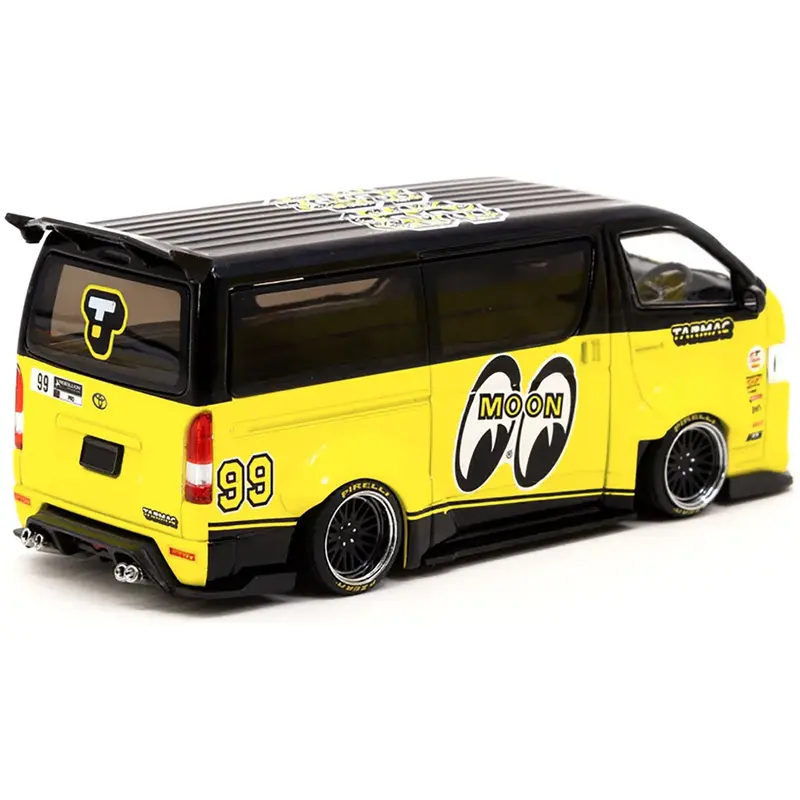 Toyota Hiace Widebody Van Rhd (Right Hand Drive) #99 "Mooneyes Team Van" Yellow And Black With Graphics "Hobby43" 1/43 Diecast Model Car By Tarmac Works 1