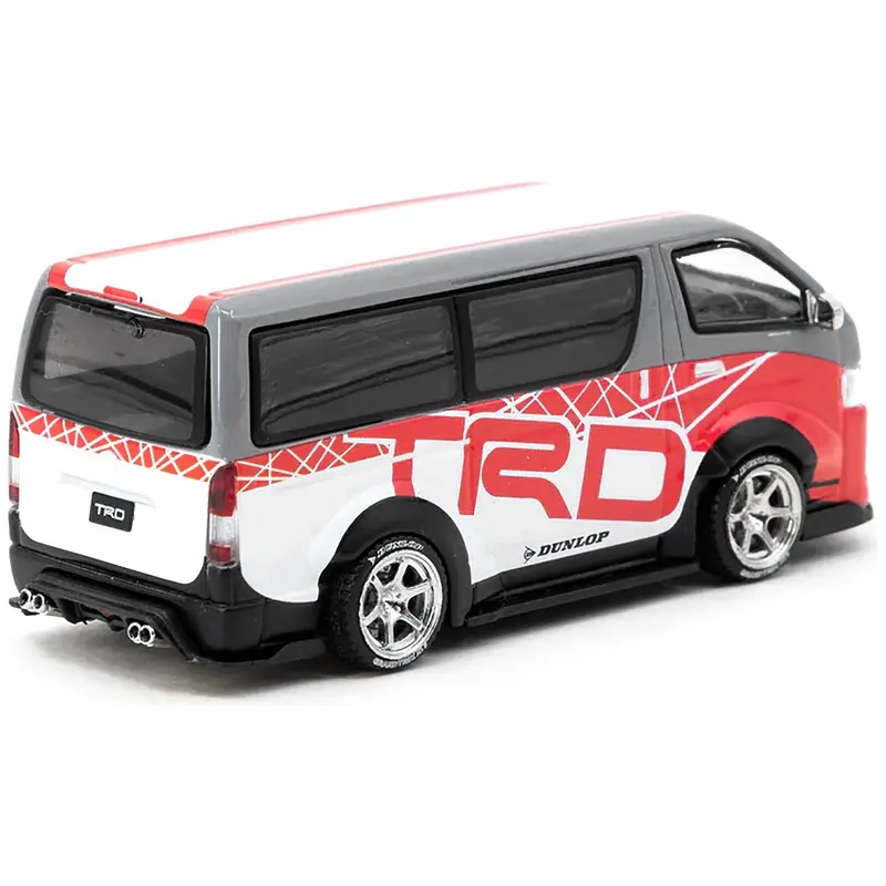 Toyota Hiace Widebody Van Rhd (Right Hand Drive) "Trd" Gray And White With Red Graphics "Hobby64" Series 1/64 Diecast Model Car By Tarmac Works 1