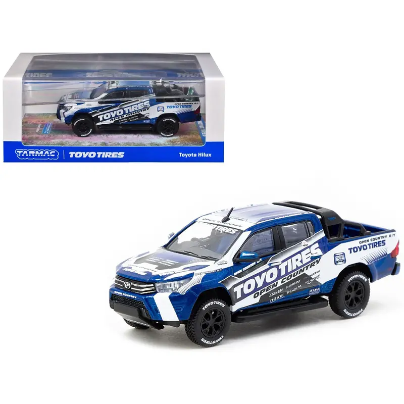 Toyota Hilux Pickup Truck Rhd (Right Hand Drive) "Toyo Tires" White And Blue With Graphics "Hobby64" Series 1/64 Diecast Model Car By Tarmac Works 1
