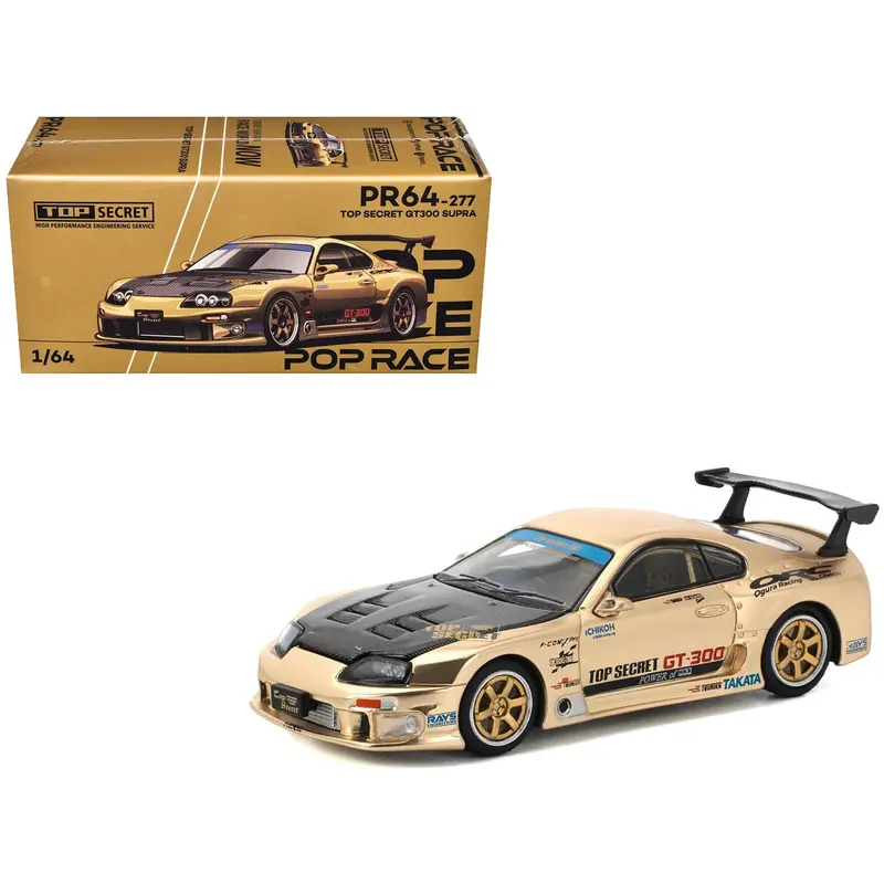 Toyota Supra "Top Secret" Gt300 Rhd (Right Hand Drive) Gold Metallic With Carbon Hood 1/64 Diecast Model Car By Pop Race 1