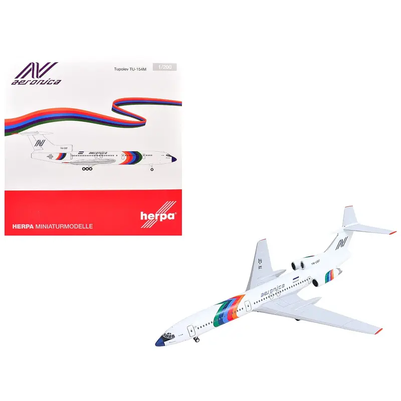 Tupolev Tu-154M Commercial Aircraft "Aeronica" (Yn-Cbt) White With Stripes 1/200 Diecast Model By Herpa 1