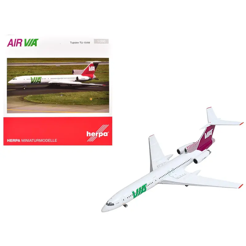 Tupolev Tu-154M Commercial Aircraft "Air Via" (Lz-Mig) White With Red Tail 1/200 Diecast Model By Herpa 1