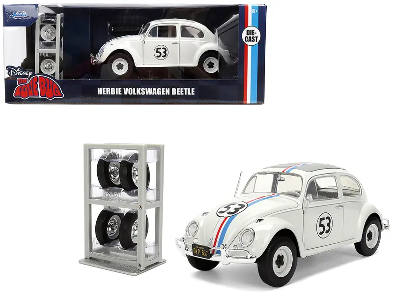 Volkswagen Beetle #53 "Herbie" White With Stripes "The Love Bug" (1968) Movie With Extra Wheels 1/24 Diecast Model Car By Jada 1