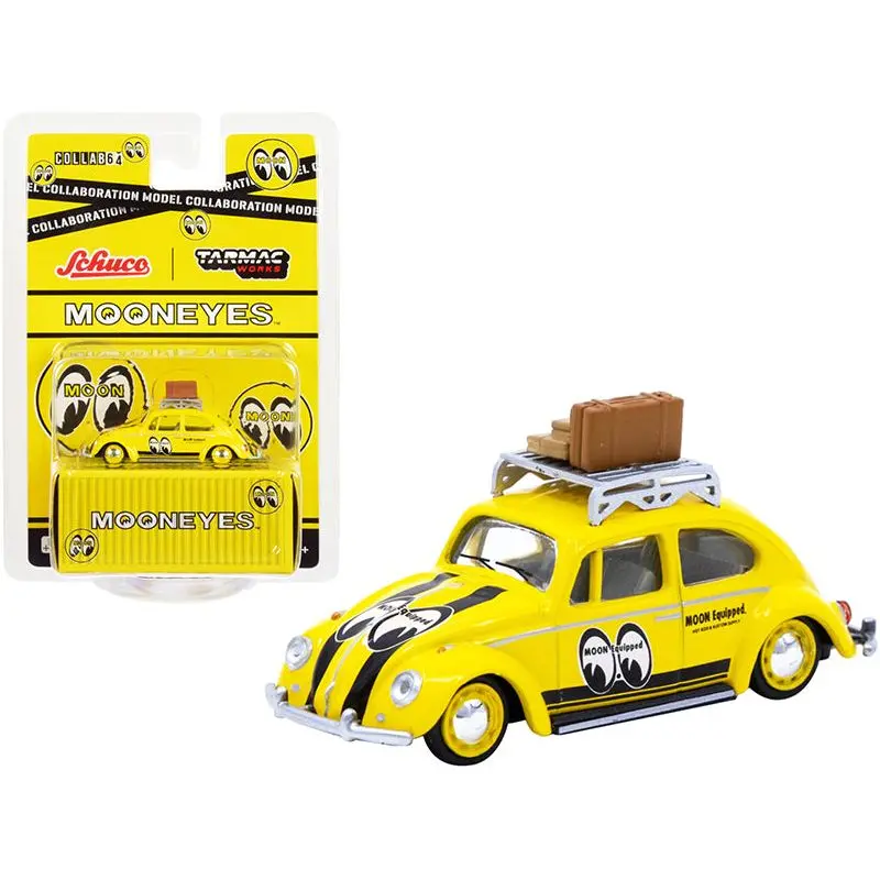 Volkswagen Beetle Low Ride Yellow With Roof Rack And Luggage "Mooneyes" "Collaboration Model" 1/64 Diecast Model Car By Schuco & Tarmac Works 1