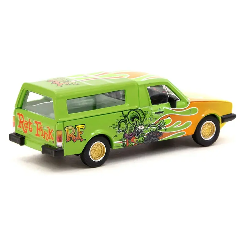 Volkswagen Caddy Pickup Truck With Camper Shell Green With Flames And Graphics "Rat Fink" "Collab64" Series 1/64 Diecast Model Car By Schuco & Tarmac Works 1