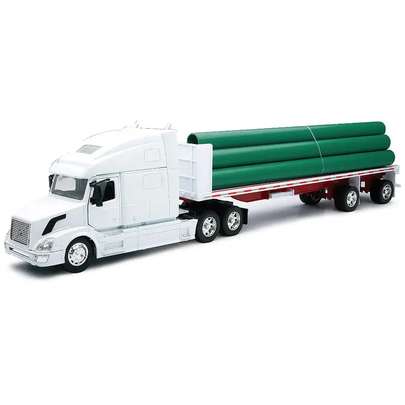 Volvo Vn-780 Truck With Flatbed Trailer And Long Pipes White "Long Haul Truckers" Series 1/32 Diecast Model By New Ray 1