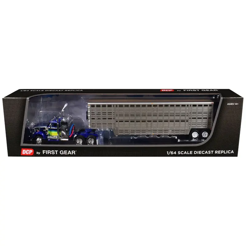 White Western Star 4900 With 36" Vintage Flat Top Sleeper And Wilson 45' Vintage Livestock Trailer Blue With Stripes 1/64 Diecast Model By Dcp/First Gear 1