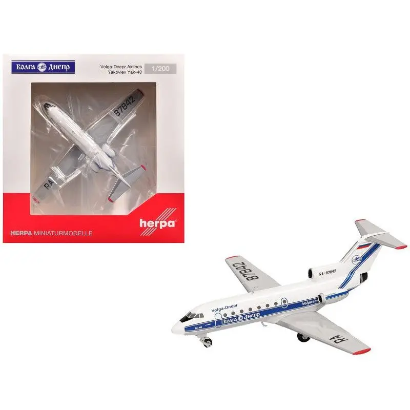 Yakovlev Yak-40 Commercial Aircraft "Volga-Dnepr Airlines" (Ra-87842) White With Blue Stripes 1/200 Diecast Model Airplane By Herpa 1